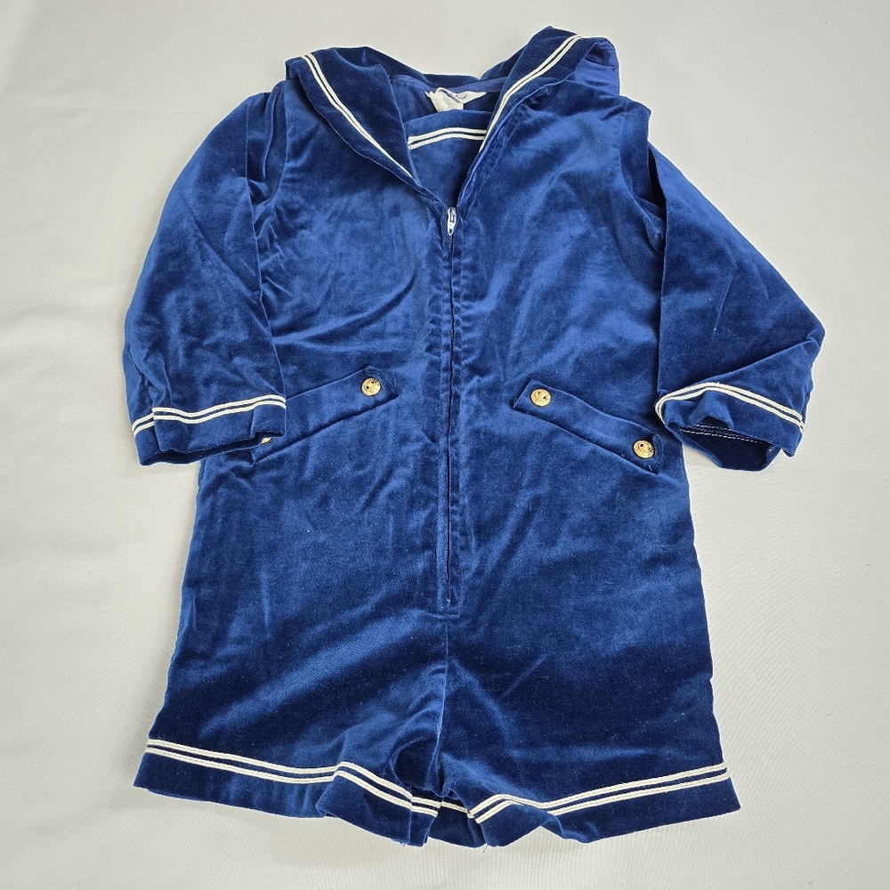 Vintage Good Lad Tailored Blue Velvet Sailor Suit Romper 4T